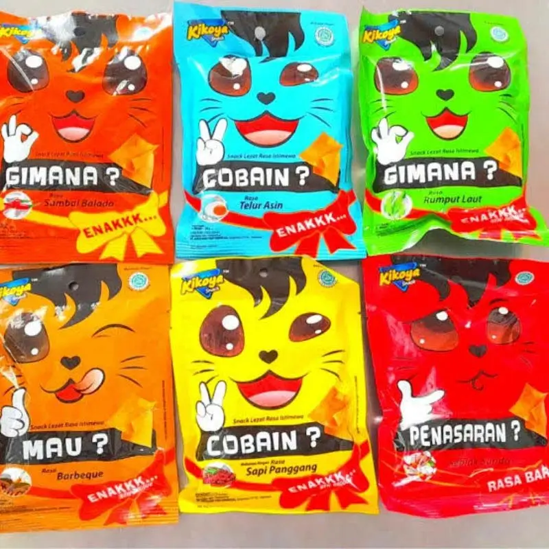 Kikoya snack variety pack six flavors; Salted Egg, Roast Beef, Spicy Balado, BBQ, Seblak Sunda, and the oceanic delight of Seaweed with cartoon cat faces colorful packaging