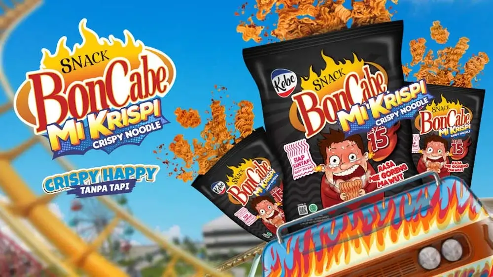 BonCabe Mi Krispi crispy noodle snack with cartoon character and black packaging.