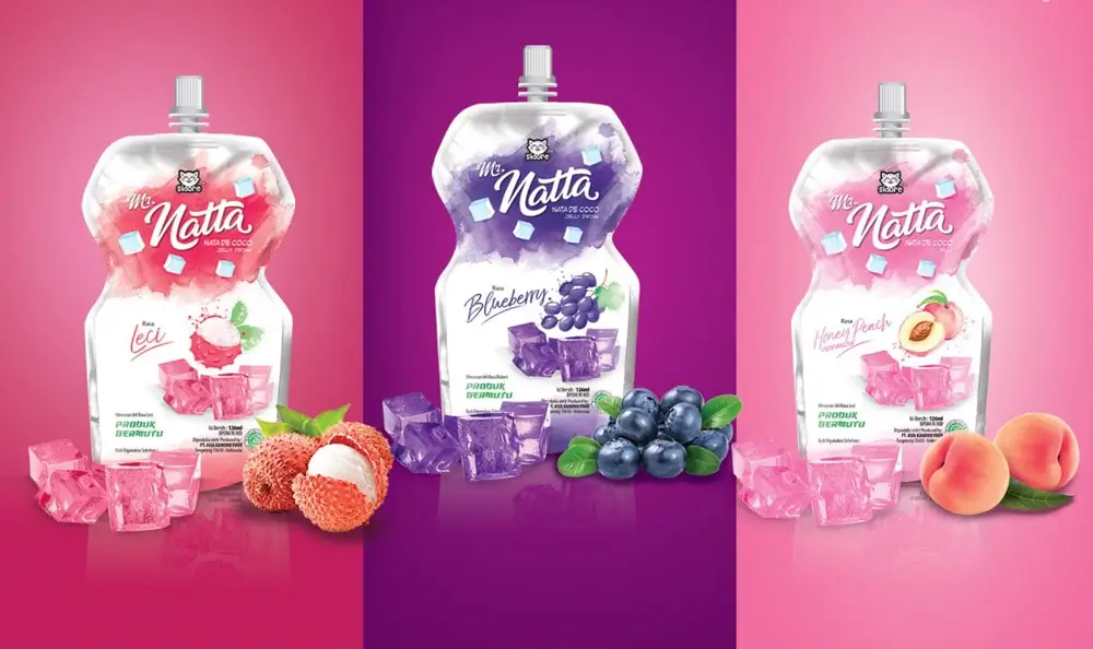 Sidore MR Natta fruit flavored coconut jelly beverages in pouches showing three varieties in lychee, blueberry and peach flavors in display