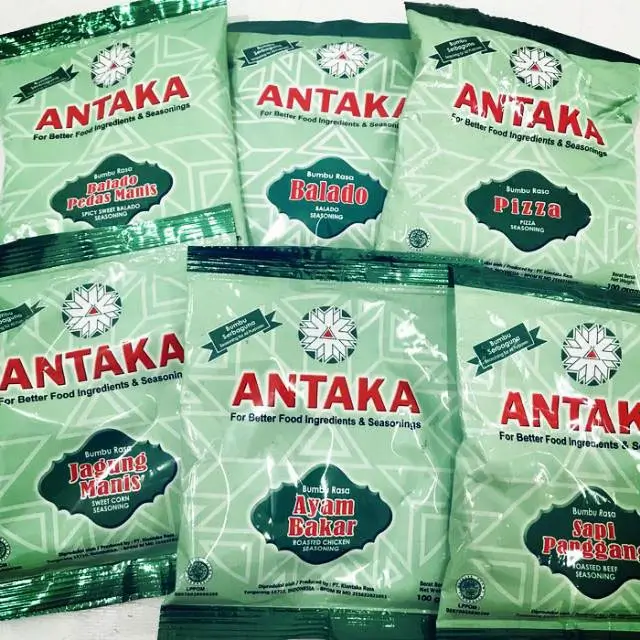 Antaka seasoning sachets six flavor varieties Balado, Balado Padis Manis, Jagung Cheese, Pizza, Ayam Bakar and Sapi Panggang.
