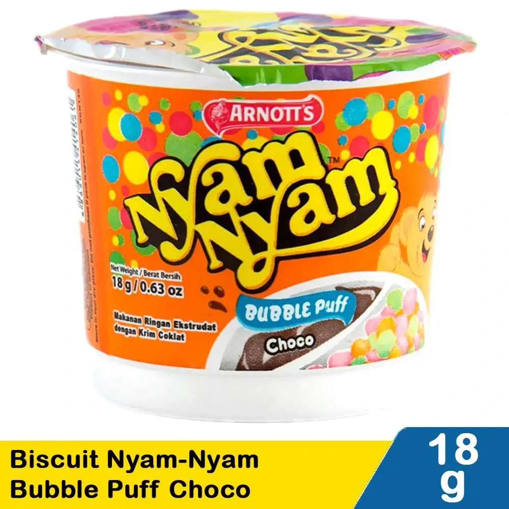 Nyam Nyam chocolate bubble puff biscuit in orange cup packaging 18 gram size from Arnotts brand