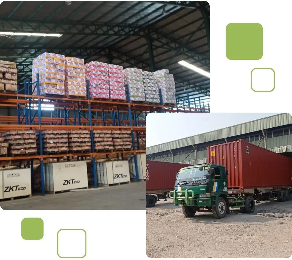 Distribution center showing organized product storage and shipping containers distributed by Inti Mandiri Jayatama.